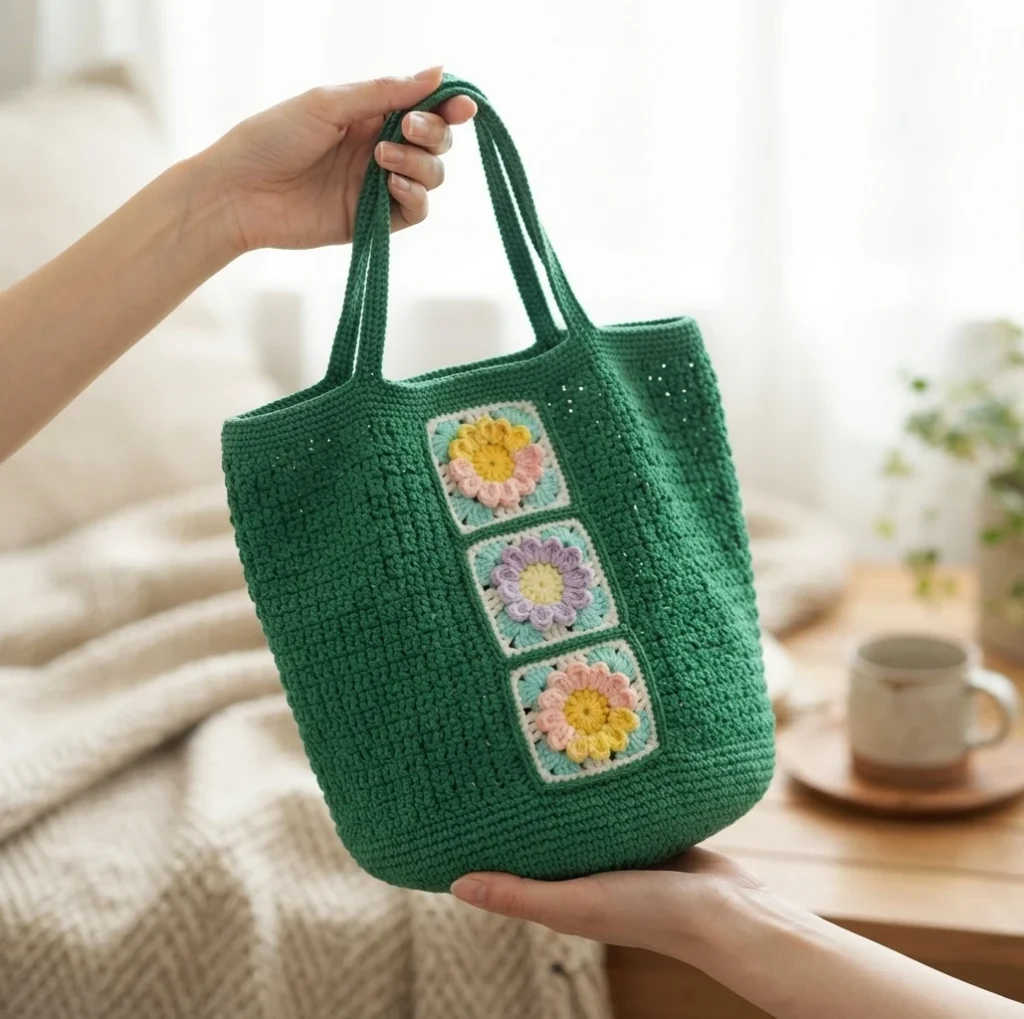Hand holding a green crochet bucket bag with three colorful flower granny squares in yellow, pink, purple and mint on the front.