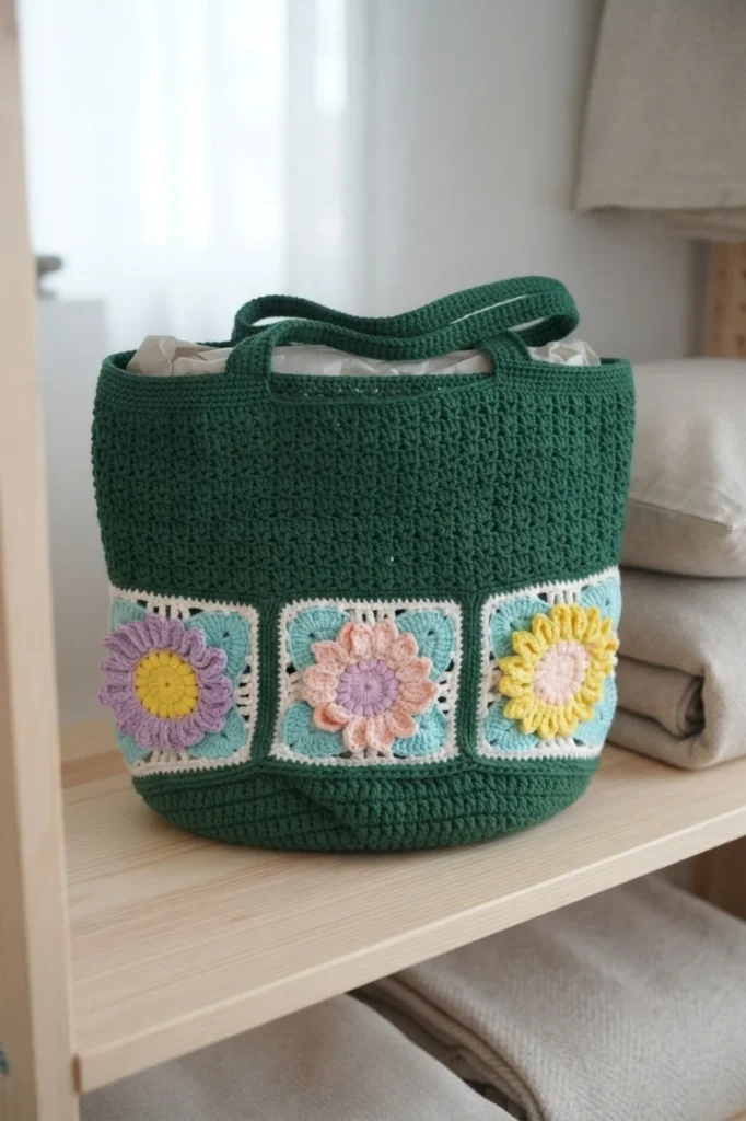 Forest green crochet bucket bag with granny square sunflower motifs, stuffed with tissue paper for storage on a wooden shelf