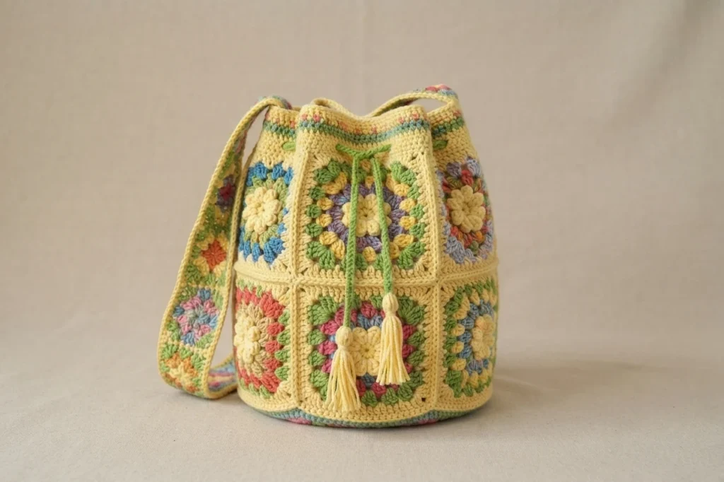 Crochet granny square bucket bag with colorful flower motifs and a drawstring closure with tassels.