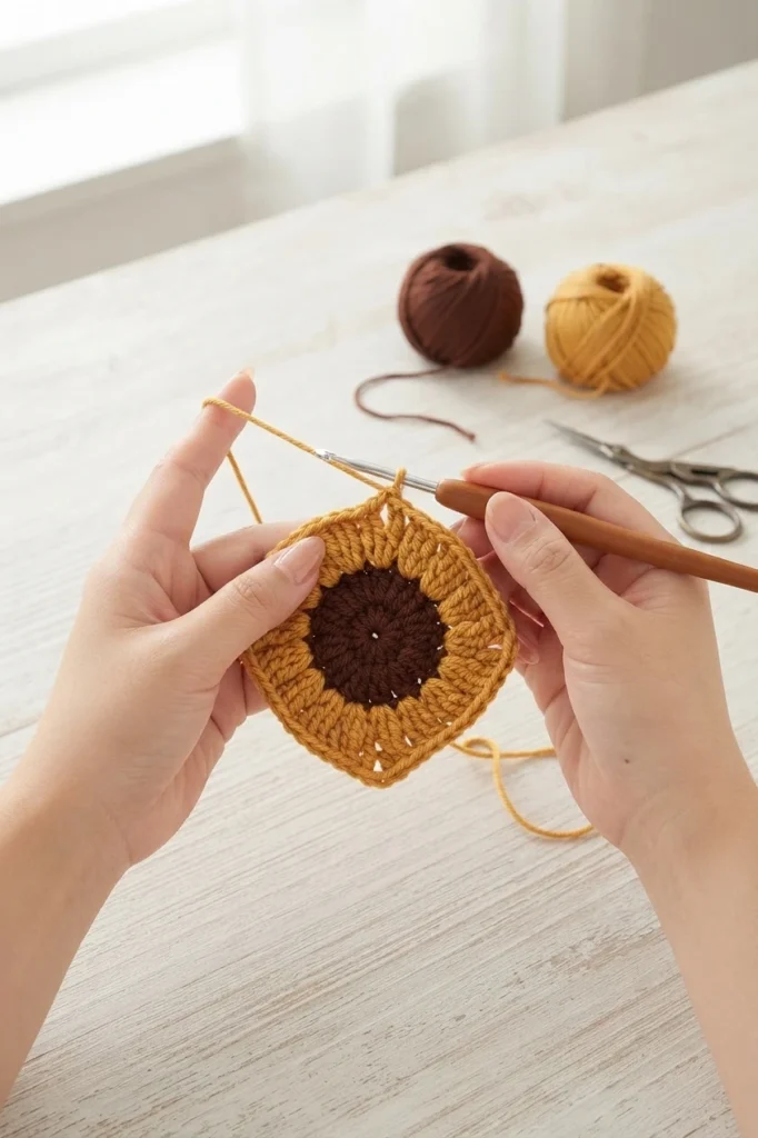Hands crocheting a sunflower granny square with a dark brown center and mustard-yellow rounds, held above a light wooden table with yarn balls and scissors in the background.