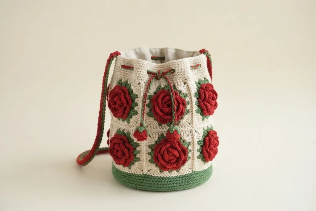 Cream crocheted bucket bag decorated with red rose granny squares, green base and red and green drawstring ties, on a plain light background