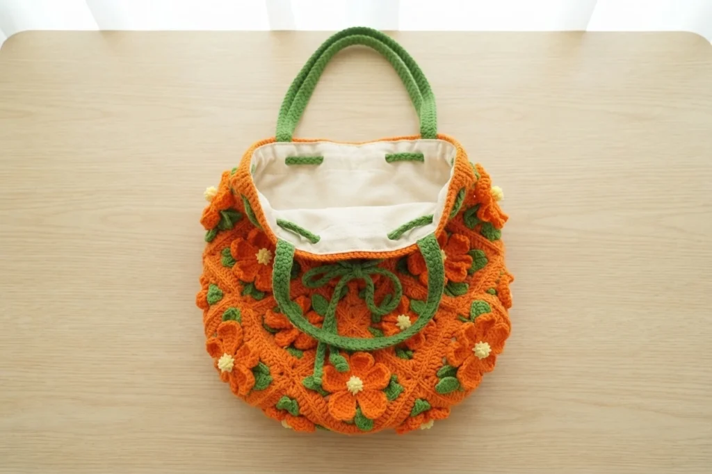 Finished orange crochet bucket bag covered in floral granny squares with green handles, green drawstring and cream lining, shown on a wooden table.