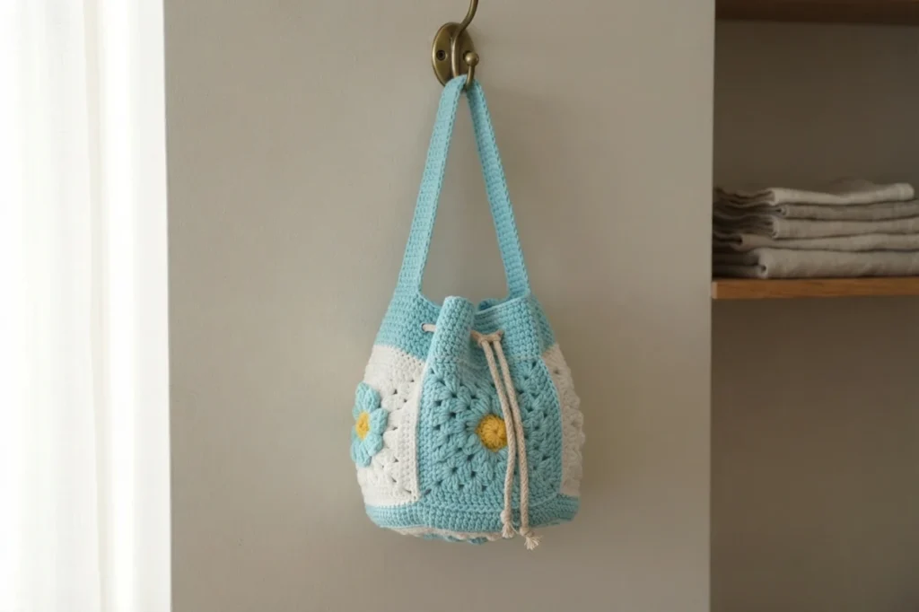 A small light blue and white crocheted granny square bucket bag with a yellow-centered flower motif, hanging by its handles from a brass hook on a wall.