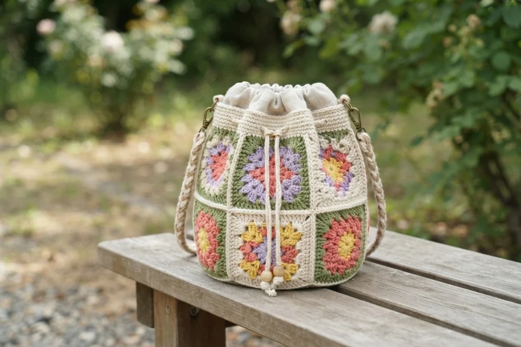 Granny square bucket bag with floral motifs, drawstring closure, fabric lining and braided strap, sitting on a wooden bench outdoors.