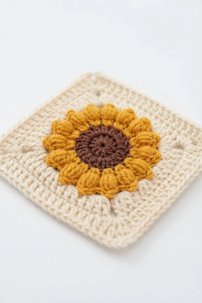 Crocheted sunflower granny square with brown center and mustard bobble petals on a cream square, shown on a white background