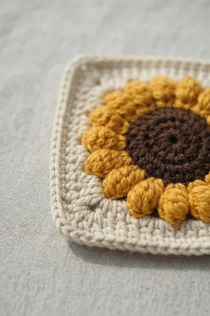 Close-up of a sunflower granny square corner showing golden yellow bobble petals around a dark brown center on a cream crocheted square