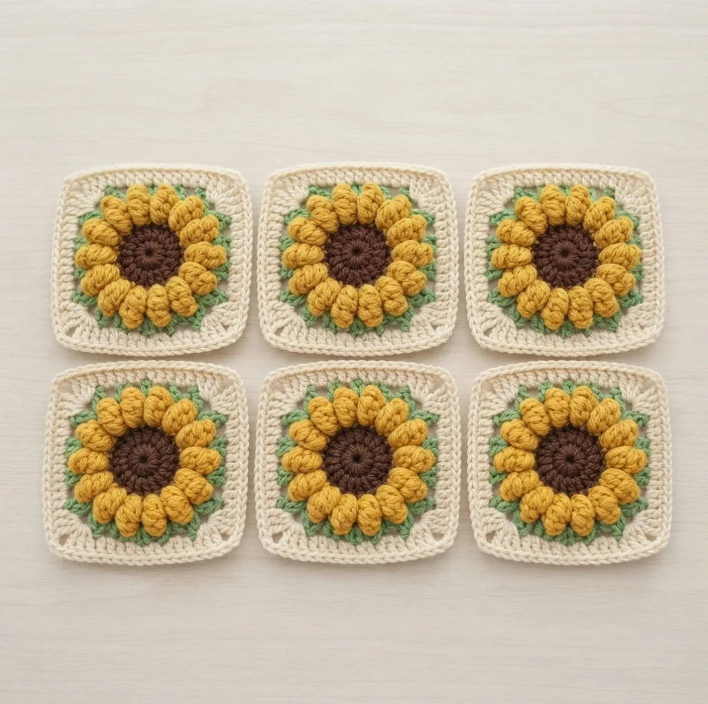 Six completed sunflower granny squares in two rows on a light wooden surface, each with a brown center, yellow bobble petals, green edging and a cream square border.