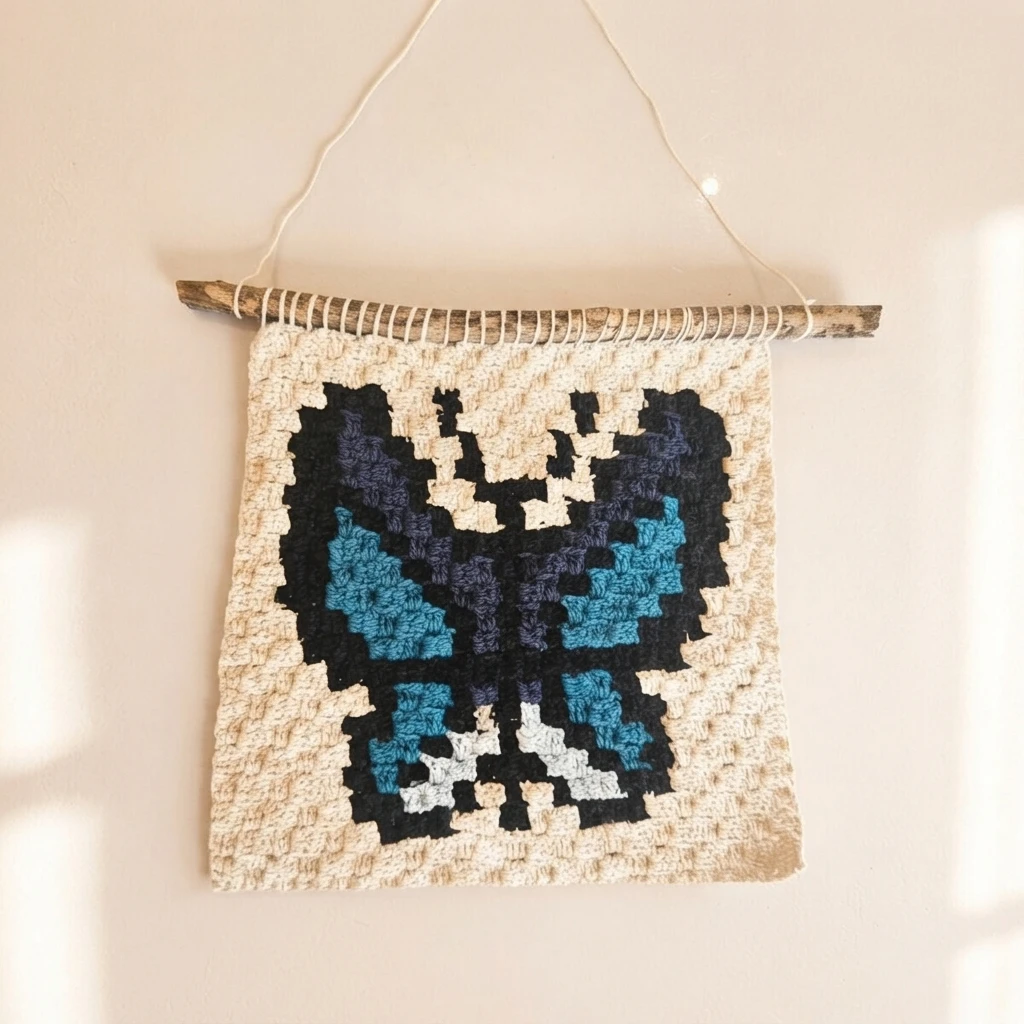 Crocheted butterfly wall hanging in black, dark blue and turquoise on a cream panel hung from a wooden stick