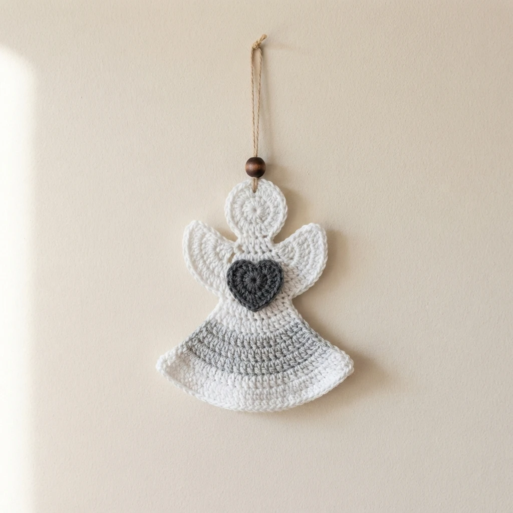 White crochet angel hanging ornament with a gray heart, a gray striped skirt and a cord with a wooden bead