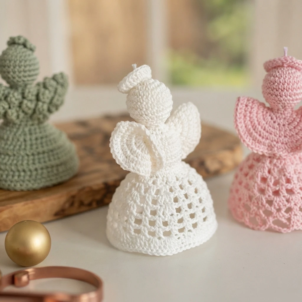 Three crochet angels in sage green, white and pink with lacy bell shaped skirts and wings standing on a table