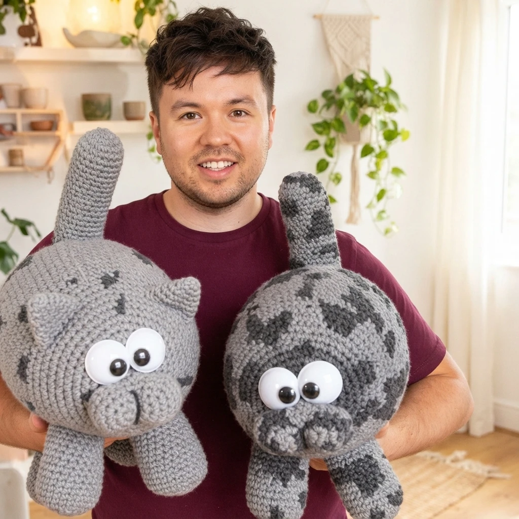 A man holding two large round grey crocheted cats with big white eyes, upright tails and front legs hanging down