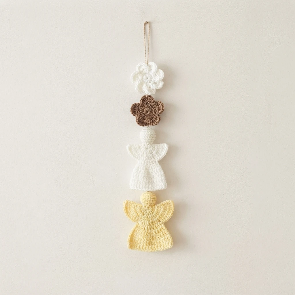 Vertical crochet hanging with a white flower, a brown flower, a white angel and a pale yellow angel on a plain light wall