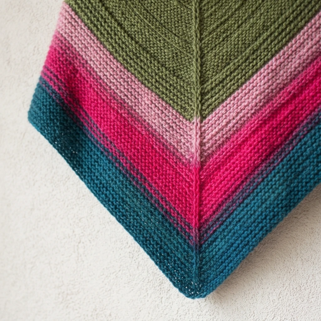 Close-up of the pointed tip of a triangular shawl with chevron stripes in olive green, pale pink, magenta and teal