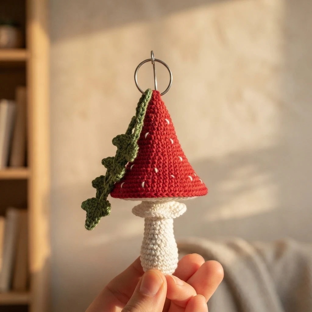 Hand holding a crocheted fly agaric mushroom charm with a red spotted conical cap, white stem, green leafy trim and a metal key ring
