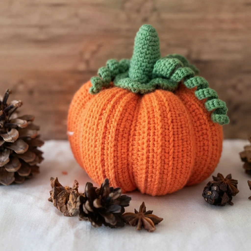 Orange crochet pumpkin with a tall green stem and curly green vine, surrounded by pine cones on a light cloth