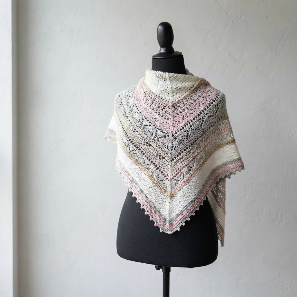 Triangular lace shawl in white, pale pink, grey and gold draped on a black mannequin bust
