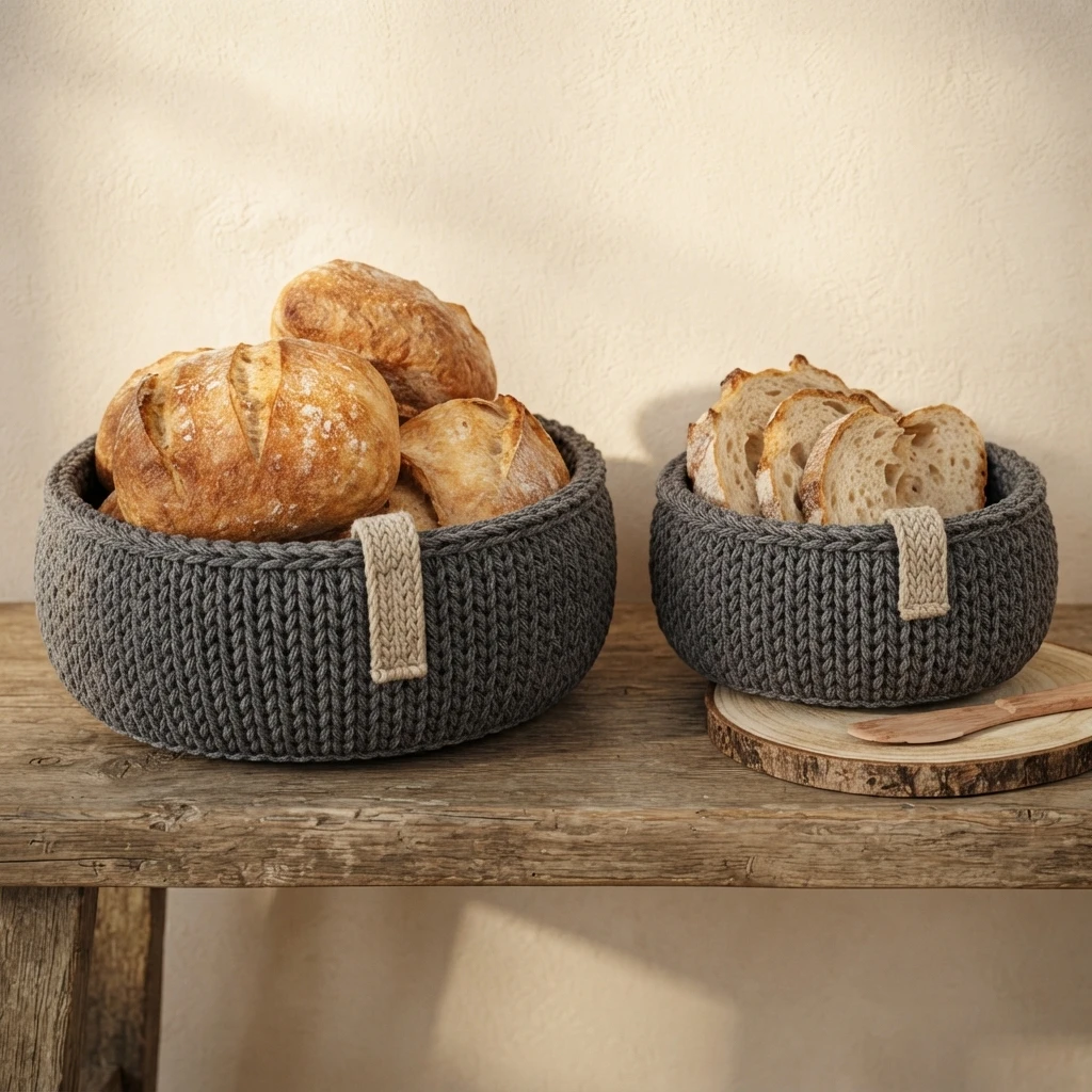 Two grey crocheted bread baskets with beige tabs holding whole loaves and sliced bread on a wooden table