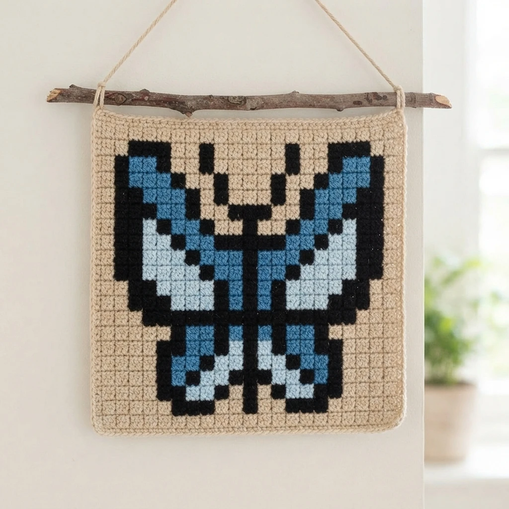 Crochet wall hanging with a black, blue and pale blue pixel butterfly on a beige background, hanging from a wooden branch