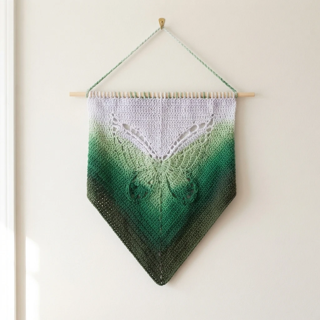 Triangular crochet wall hanging in white and shades of green with a lace butterfly motif, hanging from a light wooden dowel on a plain wall