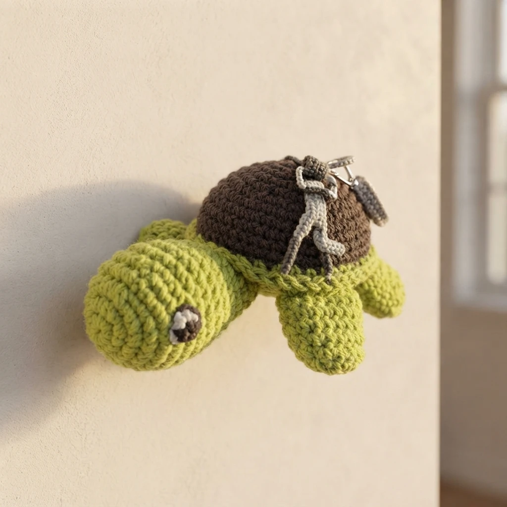 A green crochet turtle keychain amigurumi with a brown shell and a metal key ring against a beige wall