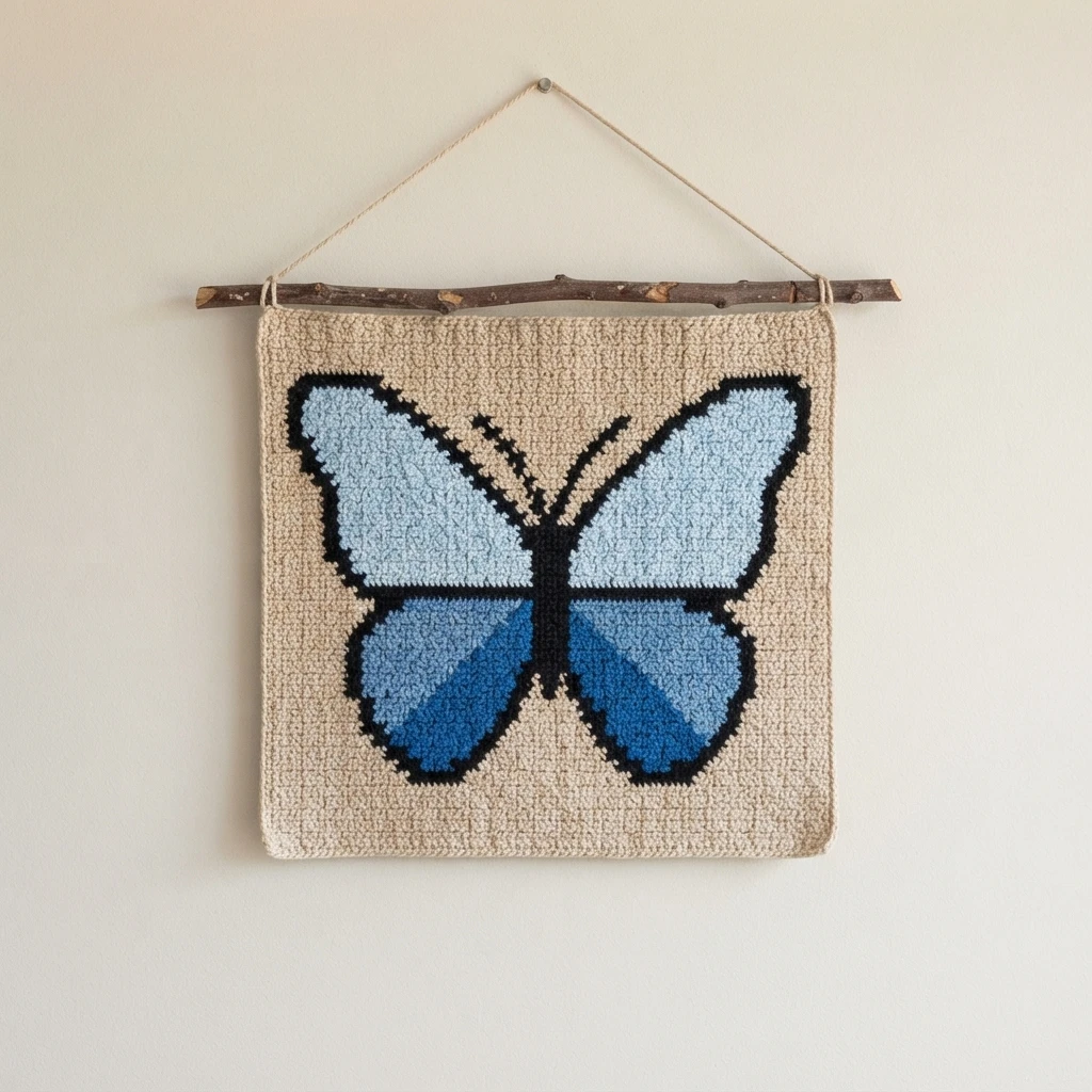 Crochet wall hanging on a branch with a blue butterfly with light blue upper wings and darker blue lower wings on a beige background
