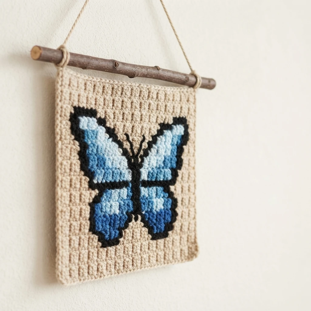 Crochet wall hanging on a wooden branch with a blue butterfly with black outline on a beige background