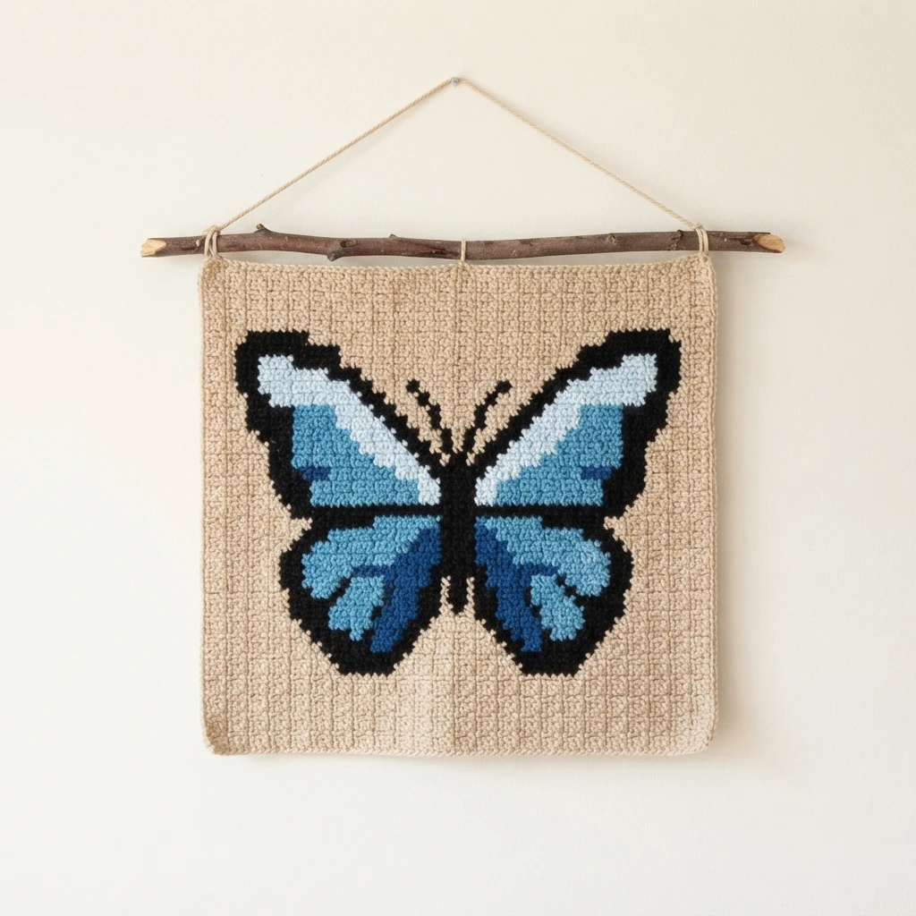 Crochet wall hanging with a blue, light blue and black butterfly on a beige background, suspended from a wooden branch
