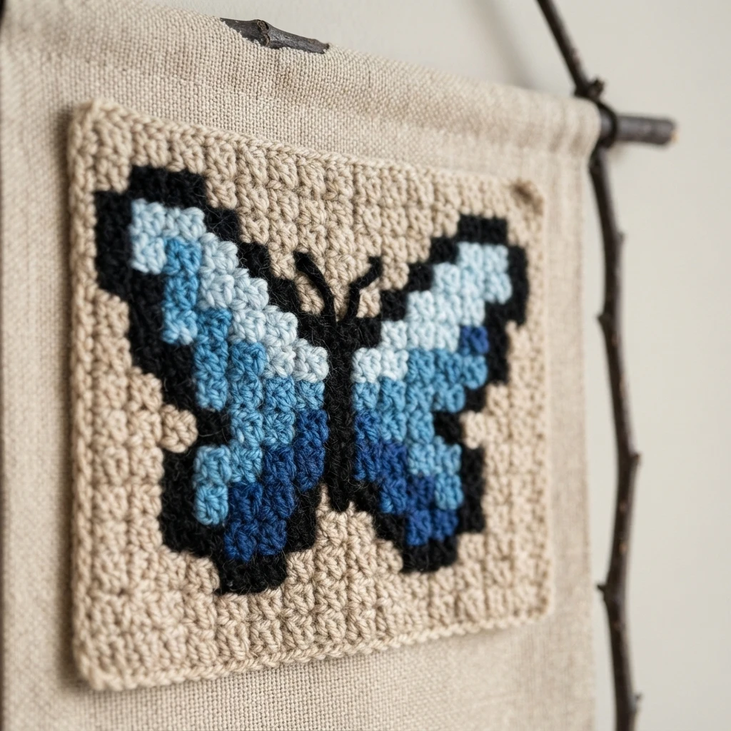 Close-up of a crochet wall hanging with a blue butterfly motif, light to dark blue wings with black outline and body on a beige panel