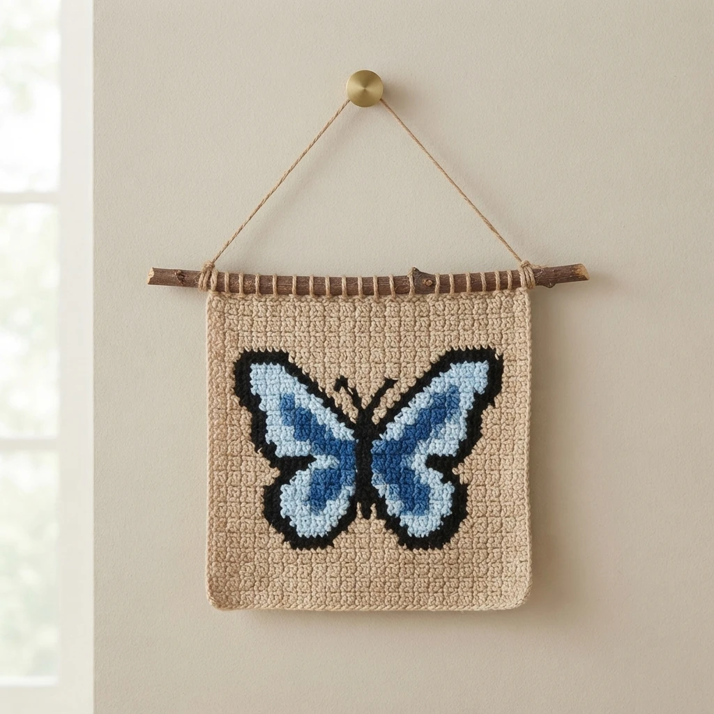 Crochet wall hanging on a wooden branch with a butterfly in light blue and dark blue outlined in black on a beige background