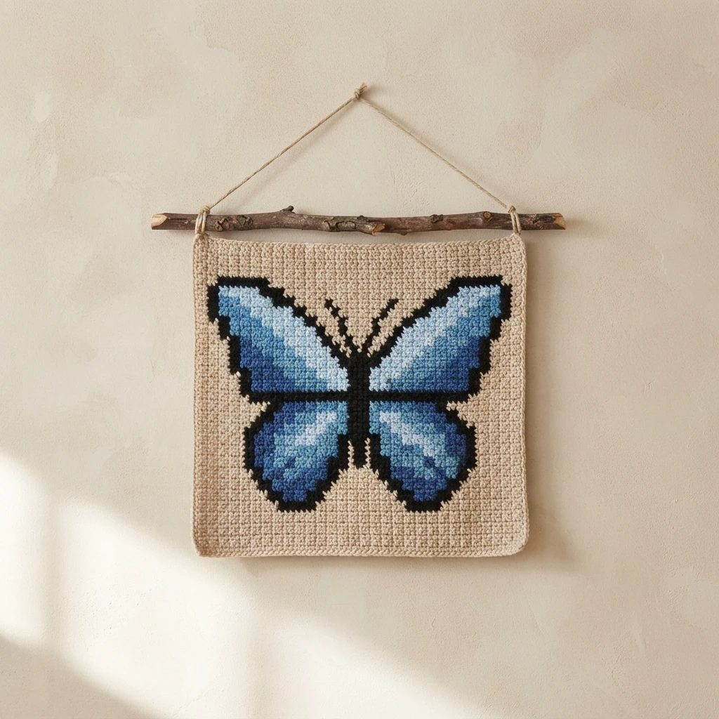 Crochet wall hanging with a blue butterfly motif on a beige background, suspended from a wooden branch