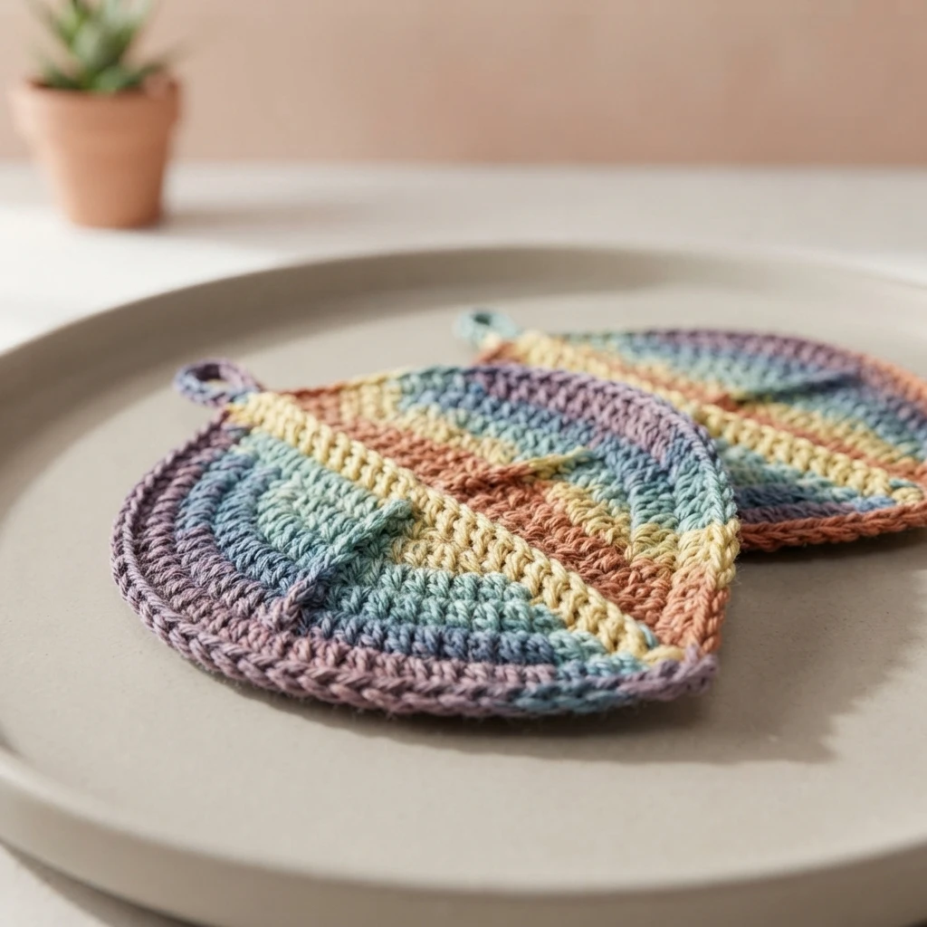 Two crocheted coasters in a leaf shape with pastel striped sections in blue, yellow, rust and mauve, each with a small loop at the tip, resting on a pale round plate with a blurred potted plant behind.