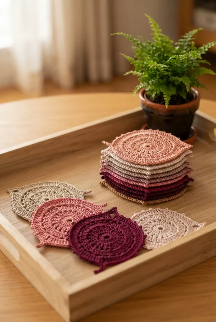 A stack of crocheted leaf-shaped coasters in blush, beige and deep pink resting on a wooden tray beside a potted fern, with several more coasters laid flat in the foreground on the tray.
