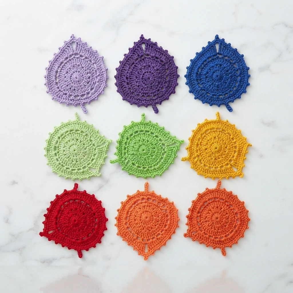 Nine crocheted leaf-shaped coasters in lavender, purple, blue, light green, bright green, yellow, red and orange, arranged in three rows on a white marble surface.
