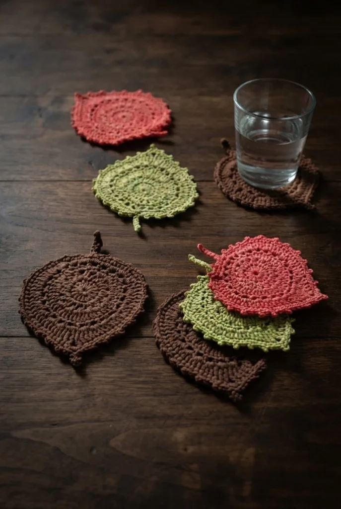 Crocheted leaf-shaped coasters in red, green and brown arranged on a dark wood table, with a clear glass of water resting on one coaster