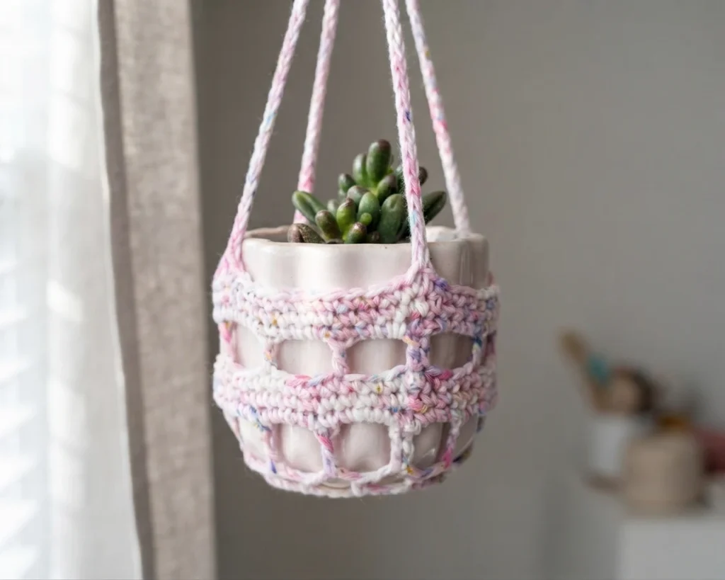 Crocheted plant hanger in pink and white yarn holding a white pot with a small succulent, hanging by four cords