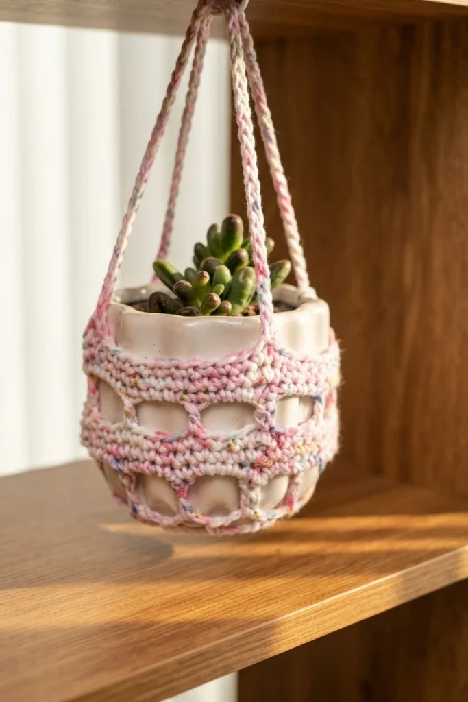 Pink variegated crochet plant hanger with openwork bands holding a small white pot with a succulent, hanging from a wooden shelf.