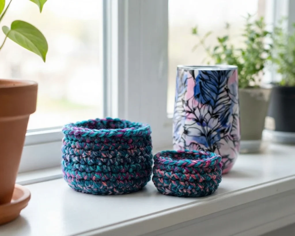 Two small crocheted bowls in variegated teal and pink yarn on a white windowsill, next to a floral-patterned tumbler with potted plants in the background.