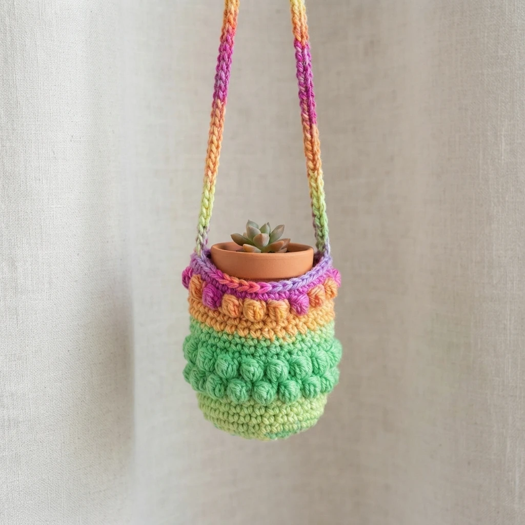 A colorful crochet hanging planter with bobble stitch texture holding a small terracotta pot with a succulent