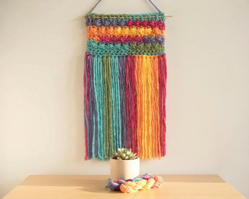 Crocheted rainbow wall hanging with textured bobble rows and long multicolor fringe, hung on a wall above a wooden table with a small potted succulent and braided yarn.
