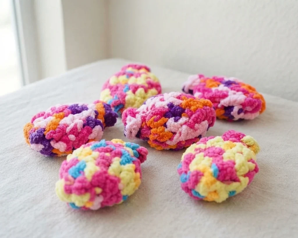 Six small crocheted water balloons in pink, yellow, blue, orange and purple yarn arranged on a light fabric surface near a window.