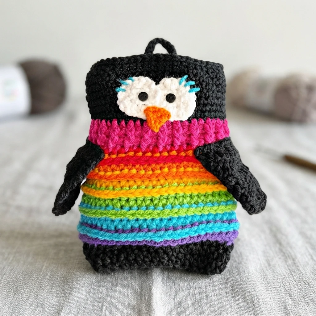 A black crochet penguin pouch with a white eye patch, black button eyes, turquoise lashes, an orange beak and a rainbow striped body in pink, red, orange, yellow, green, turquoise and purple, standing on grey fabric with blurred yarn behind