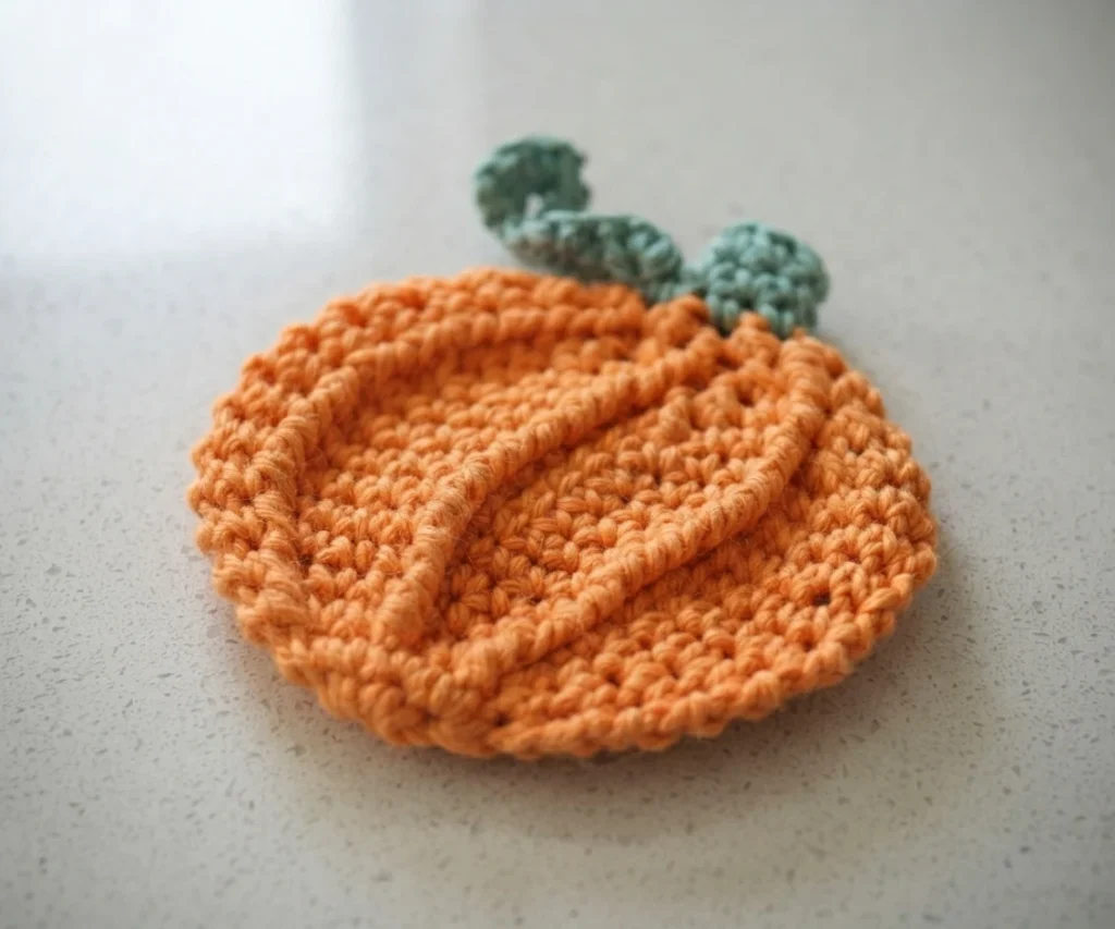 One orange crocheted pumpkin dishcloth with a green stem and curly vine, resting on a light speckled countertop.