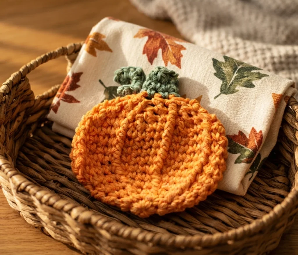 Crocheted orange pumpkin dishcloth with a green stem and curly vine, resting on a folded fall leaf print towel inside a woven basket on a wooden surface