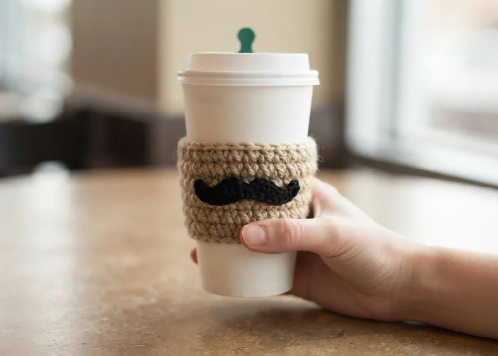 A hand holding a white takeaway coffee cup wrapped in a tan crocheted sleeve with a black crocheted moustache applique, resting on a wooden table in a cafe.