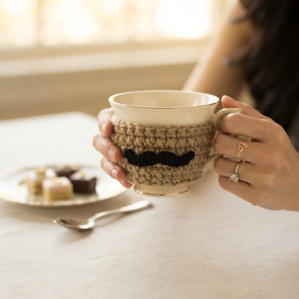 Person holding a ceramic teacup wrapped in a tan crocheted sleeve with a black crocheted moustache, with pastries and a spoon on a table in front