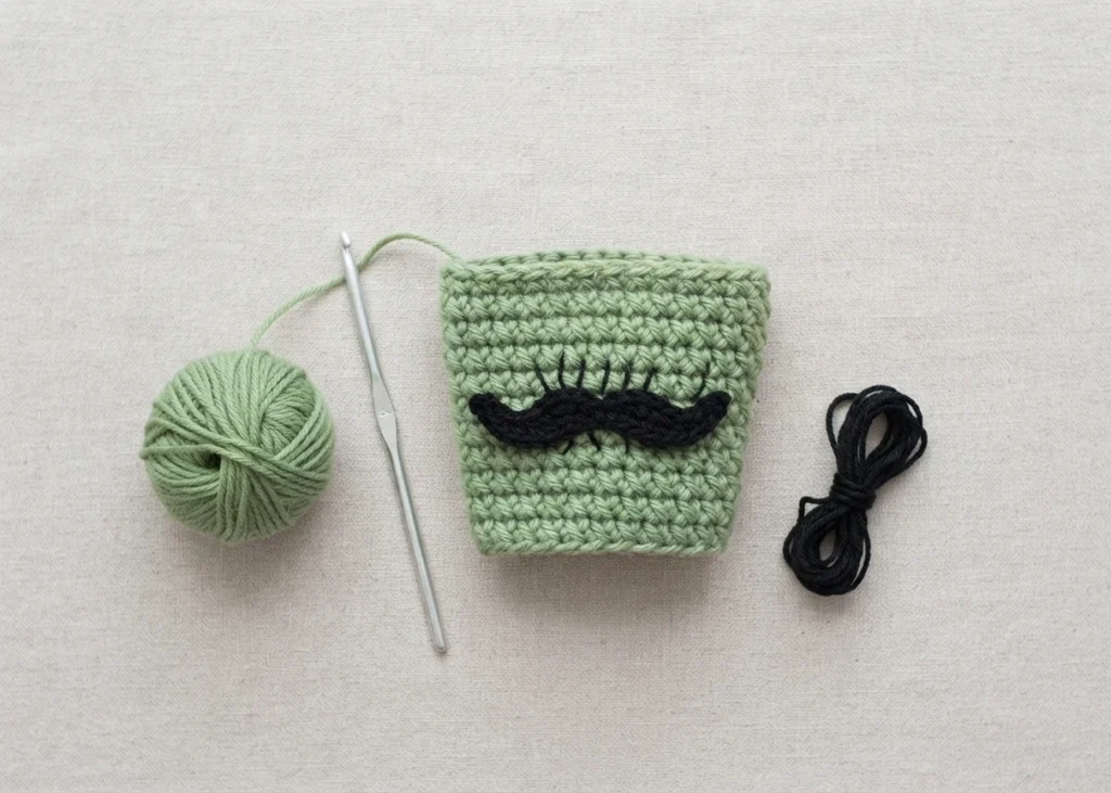 Flat lay on a light textured background showing a light green crocheted coffee sleeve with a black crocheted moustache applique, a ball of green yarn, a silver crochet hook and a small bundle of black yarn.