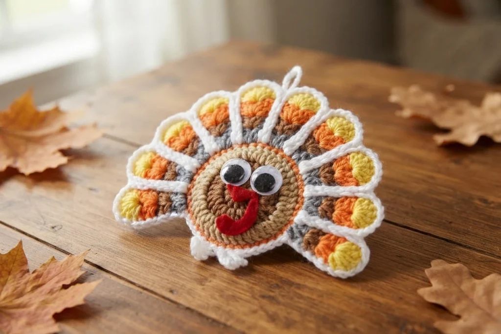Crocheted turkey coaster with a fan of orange, yellow, brown and grey tail feathers outlined in white, googly eyes and a red felt beak, lying on a wooden table with dried autumn leaves