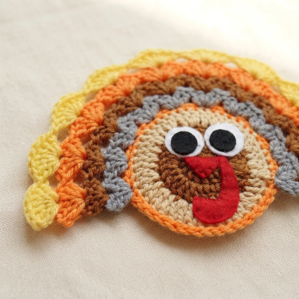 Single crochet turkey coaster on cream fabric, with yellow, orange, brown and grey scalloped tail rings, a tan and brown round body, black felt eyes on white circles, and a red felt beak and wattle.