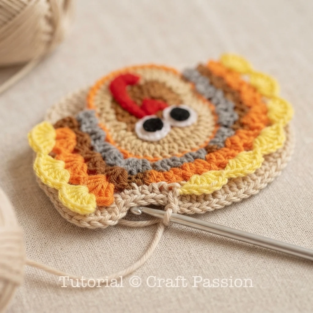 Crocheted turkey coaster in progress on a light cloth, a metal crochet hook inserted into the pale outer border, layered rounds of brown, grey, orange and yellow with a scalloped yellow edge, white felt eyes and a red felt beak and snood on