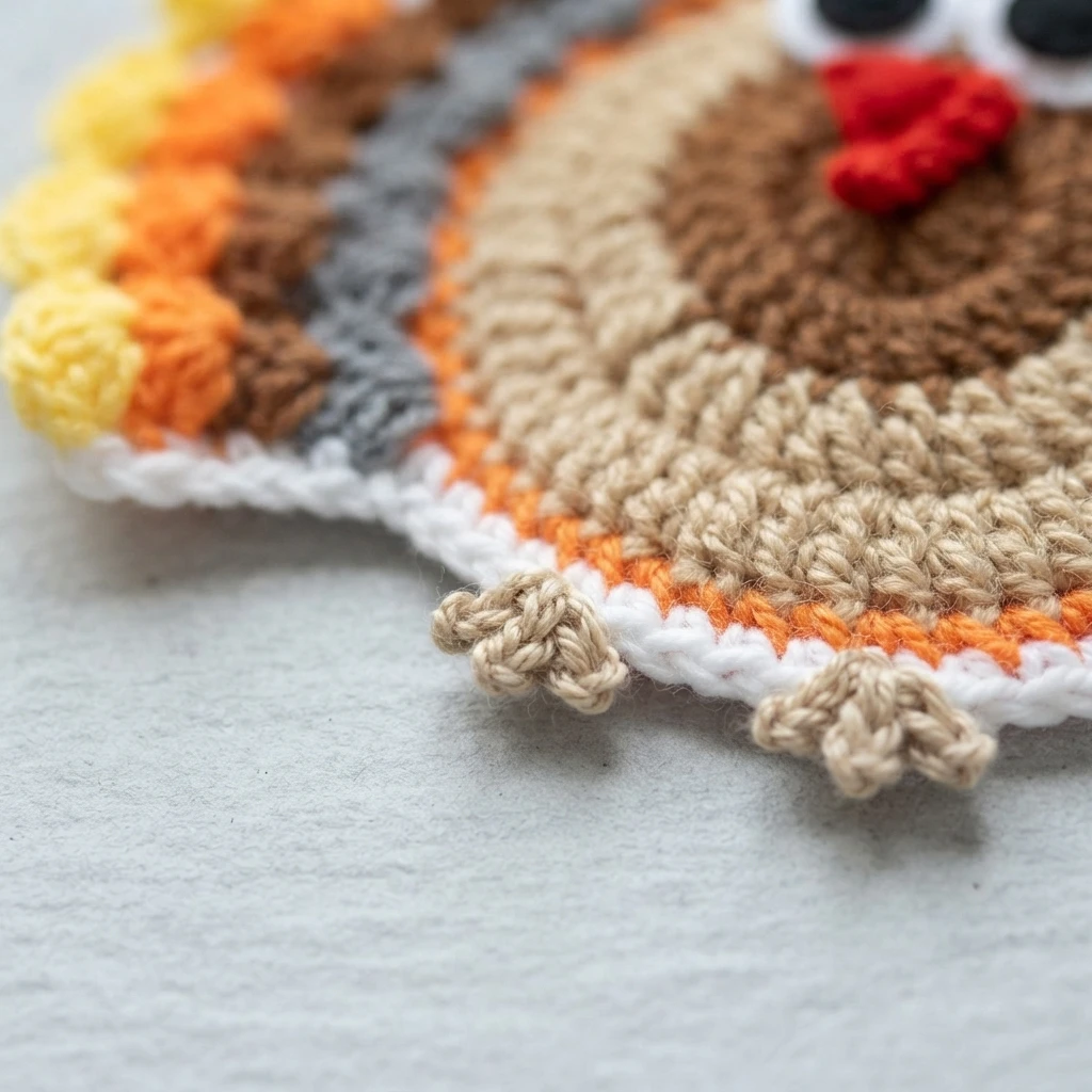 Close-up of a crocheted turkey coaster showing two small looped feet along a white and orange border, with a beige and brown body, one googly eye and a red snood softly blurred in the background